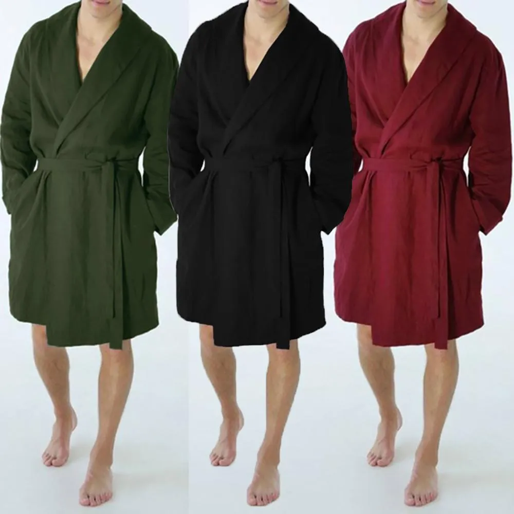 Men's Robe Casual Men's Bathrobe Cotton Linen Pure Color Sleepwear Long Bath Robe Home Nightgown Pajamas Kimono Men pyjama homme