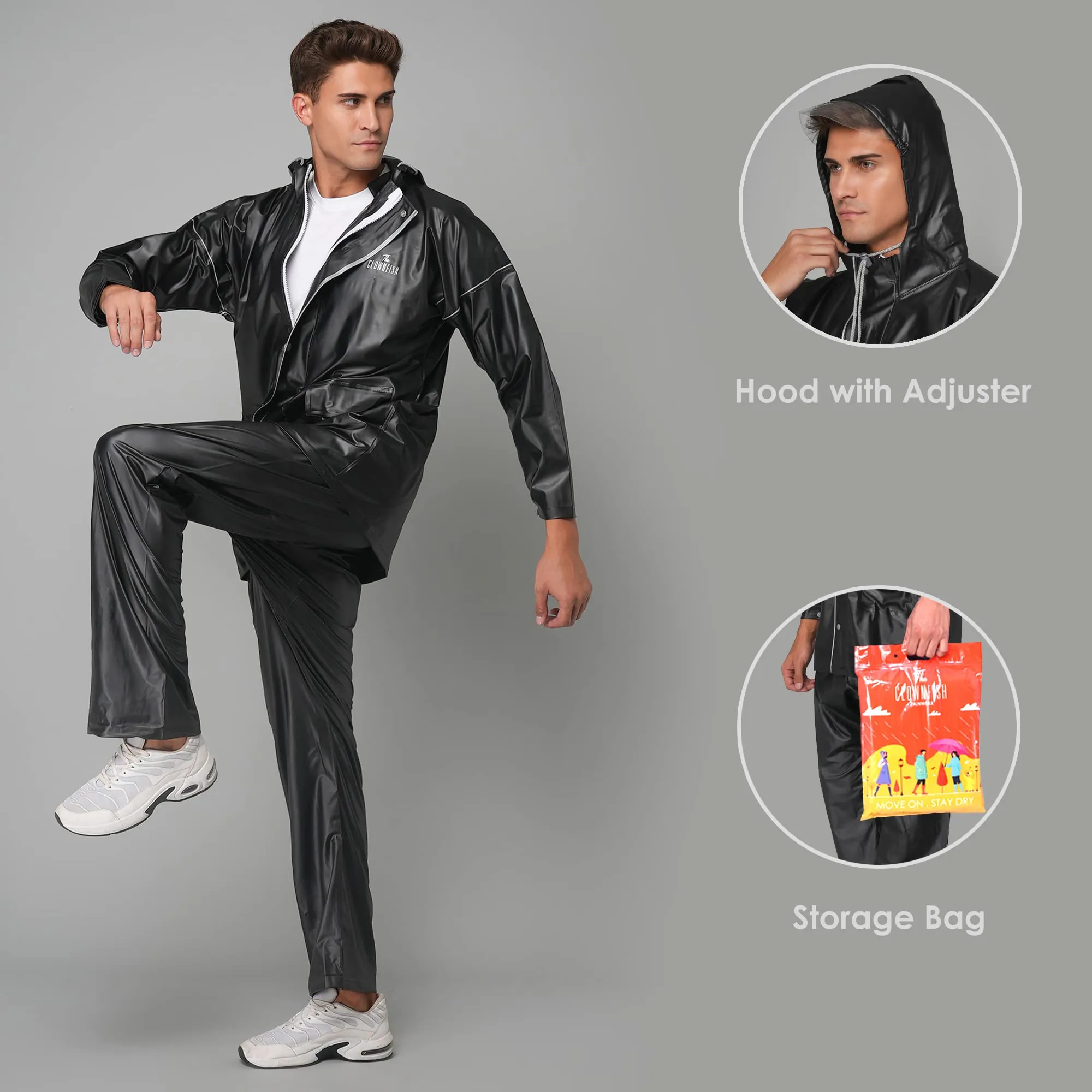 Men's Waterproof PVC Raincoat with Hood & Reflector | 2-Piece Set | XL | Black