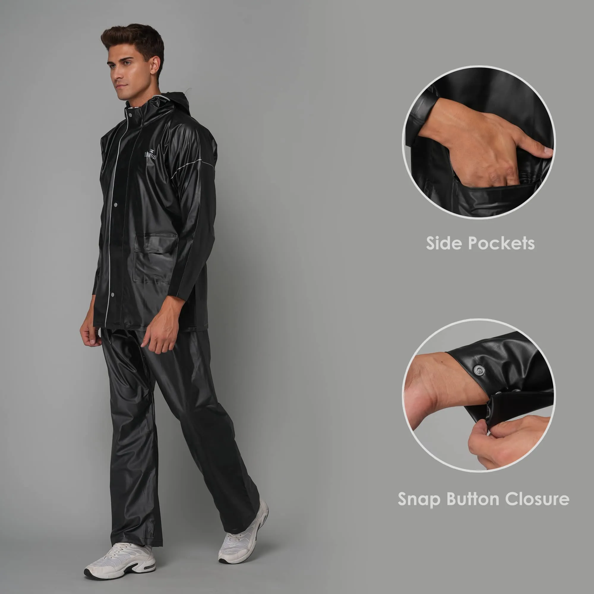 Men's Waterproof PVC Raincoat with Hood & Reflector | 2-Piece Set | XL | Black