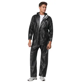 Men's Waterproof PVC Raincoat with Hood & Reflector | 2-Piece Set | XL | Black