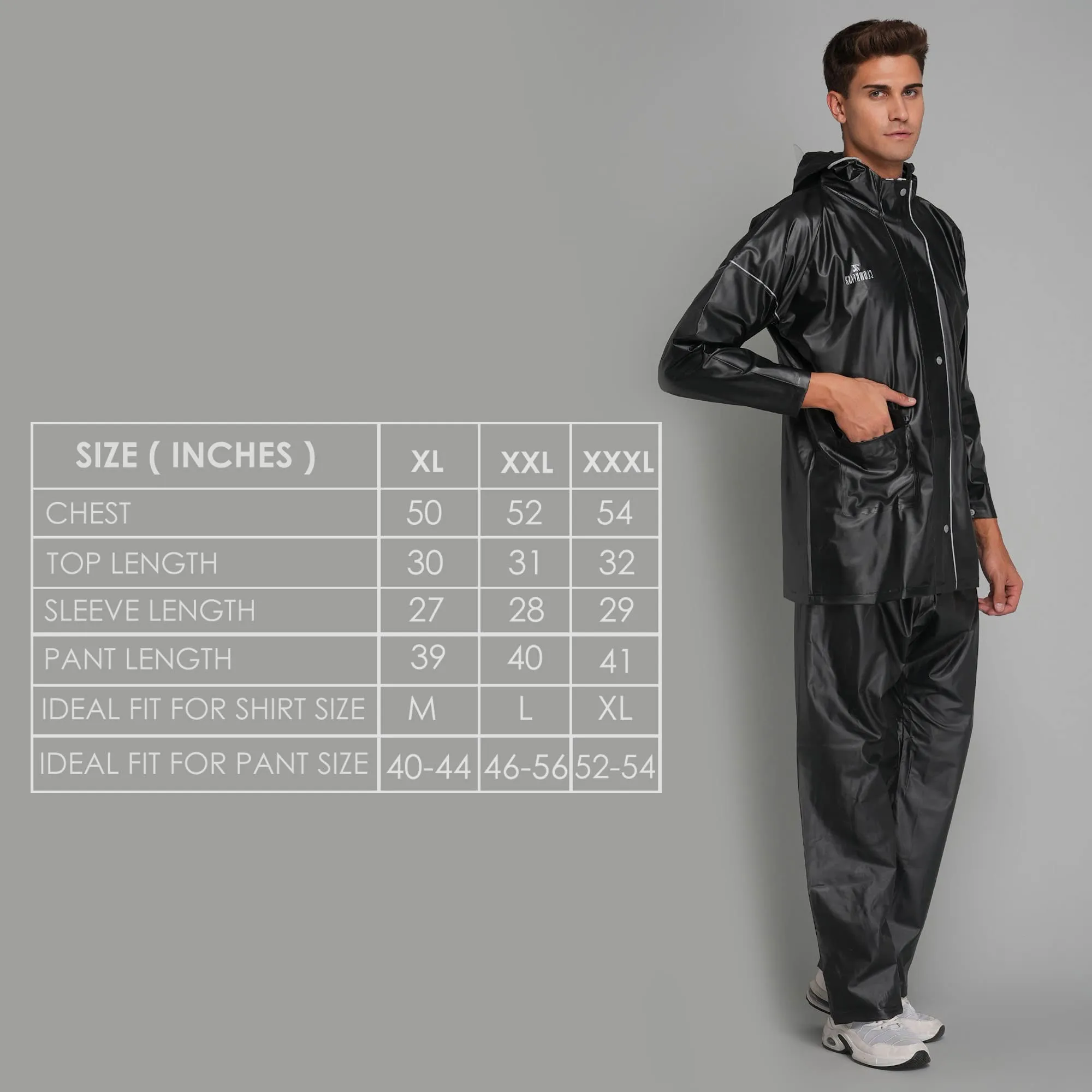 Men's Waterproof PVC Raincoat with Hood & Reflector | 2-Piece Set | XL | Black