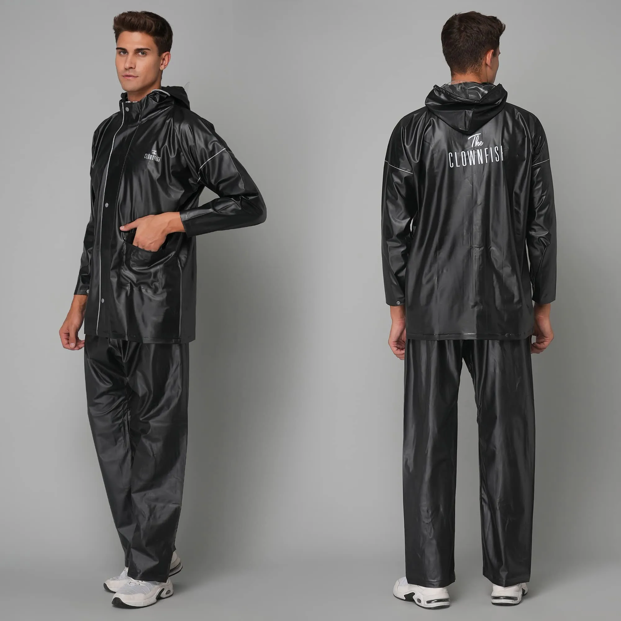 Men's Waterproof PVC Raincoat with Hood & Reflector | 2-Piece Set | XL | Black