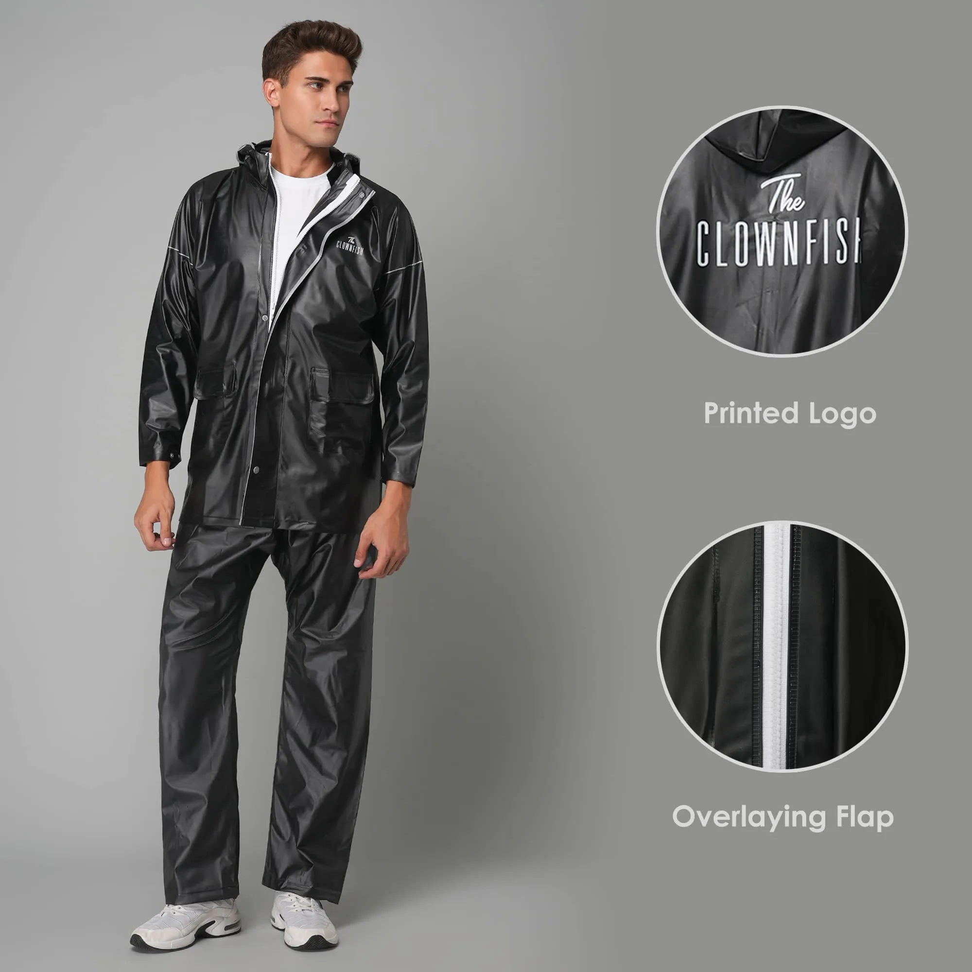 Men's Waterproof PVC Raincoat with Hood & Reflector | 2-Piece Set | XL | Black