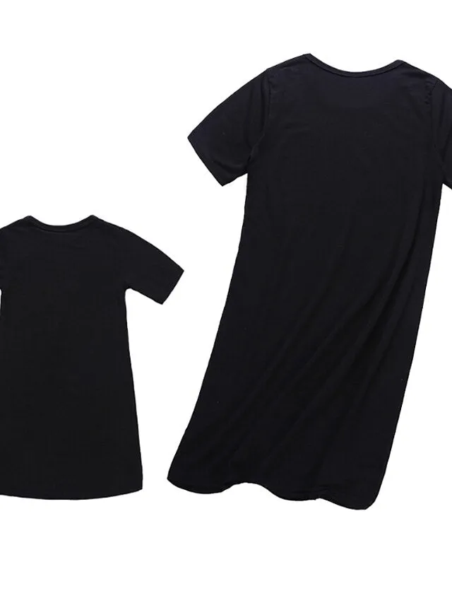 Mommy and Me Dresses Cotton Heart Letter Causal Black Short Sleeve Above Knee Mommy And Me Outfits Daily Matching Outfits