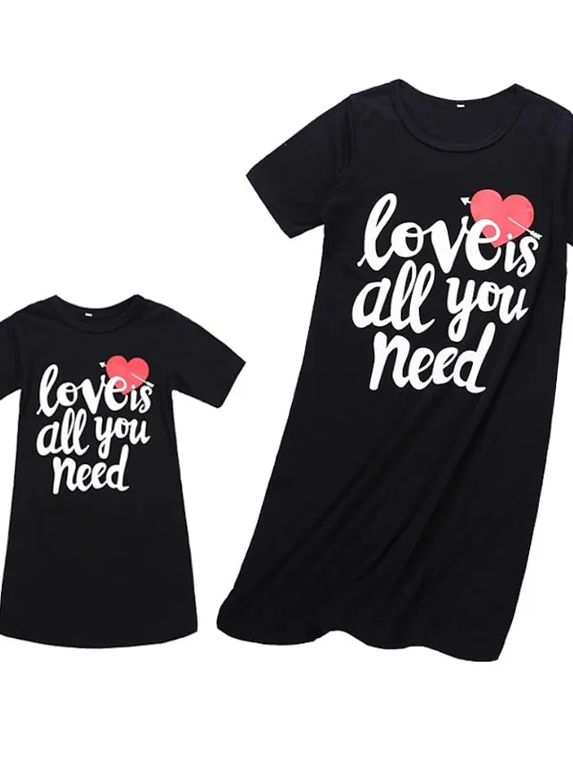 Mommy and Me Dresses Cotton Heart Letter Causal Black Short Sleeve Above Knee Mommy And Me Outfits Daily Matching Outfits