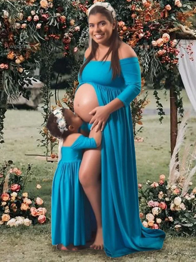Mommy and Me Dresses Cotton Solid Color Outdoor Light Blue Pink Navy Blue Long Sleeve Maxi Mommy And Me Outfits Basic Matching Outfits