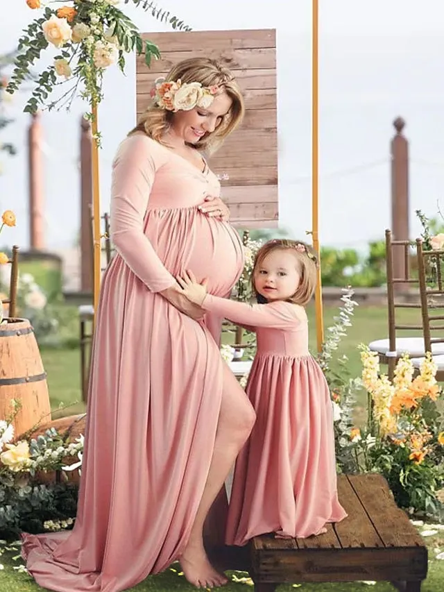 Mommy and Me Dresses Cotton Solid Color Outdoor Light Blue Pink Navy Blue Long Sleeve Maxi Mommy And Me Outfits Basic Matching Outfits