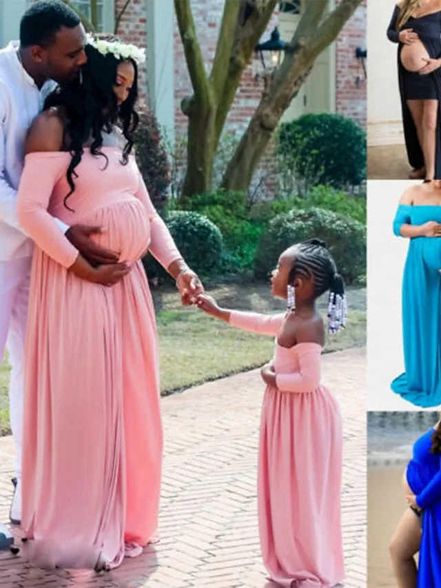 Mommy and Me Dresses Cotton Solid Color Outdoor Light Blue Pink Navy Blue Long Sleeve Maxi Mommy And Me Outfits Basic Matching Outfits