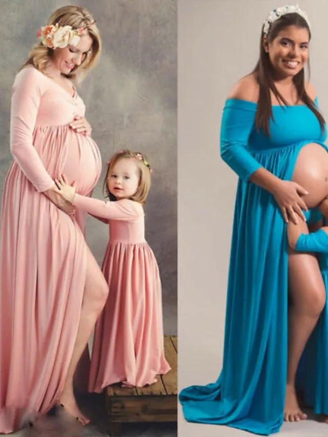 Mommy and Me Dresses Cotton Solid Color Outdoor Light Blue Pink Navy Blue Long Sleeve Maxi Mommy And Me Outfits Basic Matching Outfits