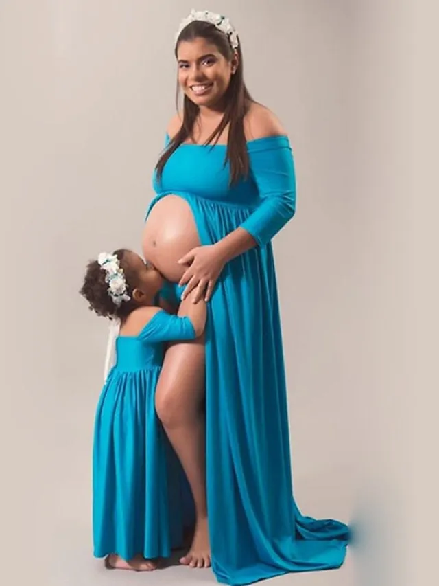 Mommy and Me Dresses Cotton Solid Color Outdoor Light Blue Pink Navy Blue Long Sleeve Maxi Mommy And Me Outfits Basic Matching Outfits