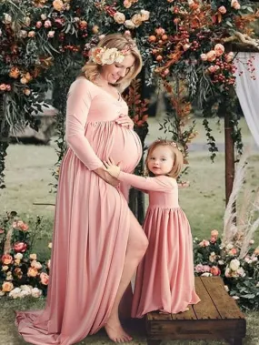 Mommy and Me Dresses Cotton Solid Color Outdoor Light Blue Pink Navy Blue Long Sleeve Maxi Mommy And Me Outfits Basic Matching Outfits