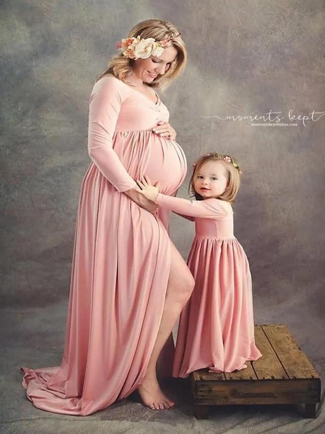 Mommy and Me Dresses Cotton Solid Color Outdoor Light Blue Pink Navy Blue Long Sleeve Maxi Mommy And Me Outfits Basic Matching Outfits