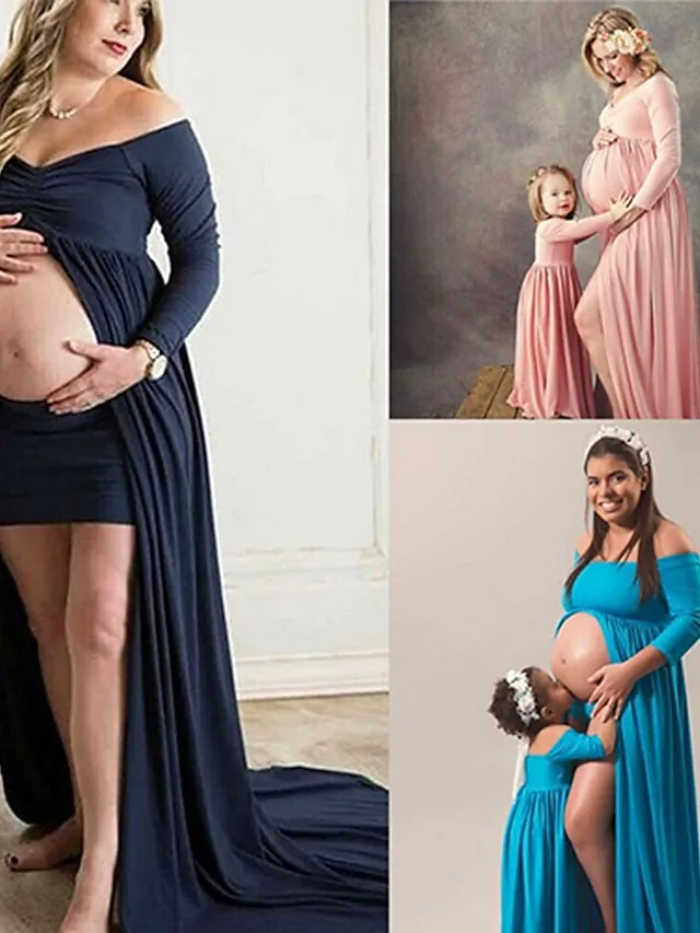 Mommy and Me Dresses Cotton Solid Color Outdoor Light Blue Pink Navy Blue Long Sleeve Maxi Mommy And Me Outfits Basic Matching Outfits