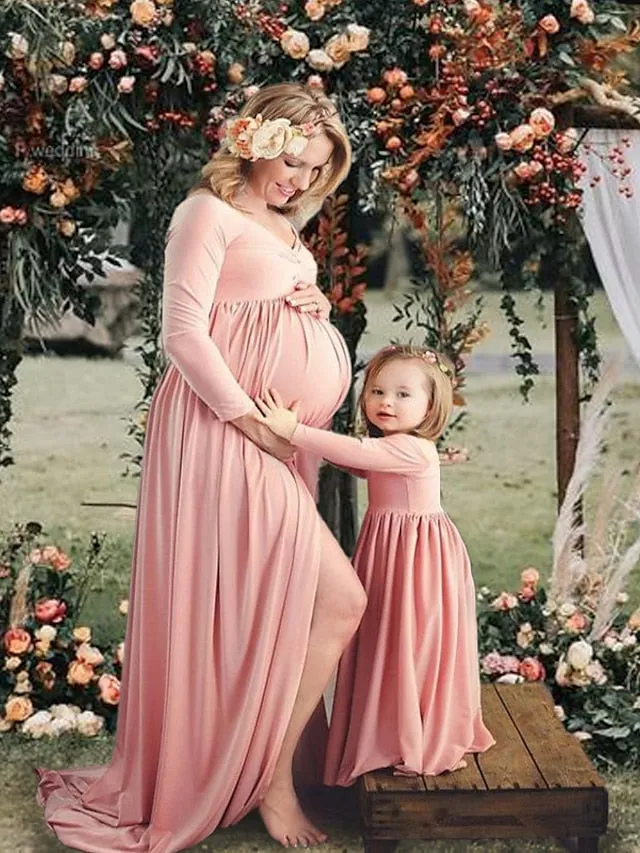 Mommy and Me Dresses Cotton Solid Color Outdoor Light Blue Pink Navy Blue Long Sleeve Maxi Mommy And Me Outfits Basic Matching Outfits