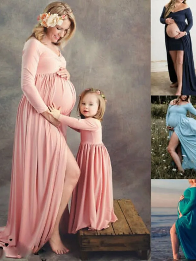 Mommy and Me Dresses Cotton Solid Color Outdoor Light Blue Pink Navy Blue Long Sleeve Maxi Mommy And Me Outfits Basic Matching Outfits