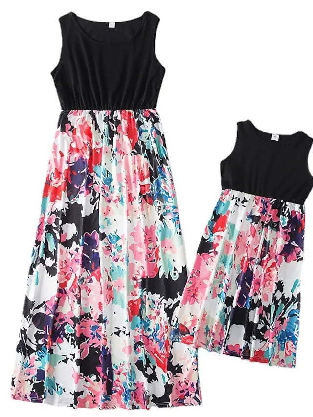 Mommy and Me Dresses Graphic Floral Color Block Street Print Black Pink Sky Blue Sleeveless Maxi Mommy And Me Outfits Active Matching Outfits