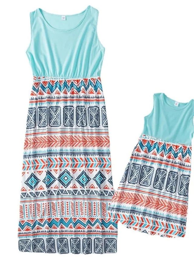 Mommy and Me Dresses Graphic Floral Color Block Street Print Black Pink Sky Blue Sleeveless Maxi Mommy And Me Outfits Active Matching Outfits