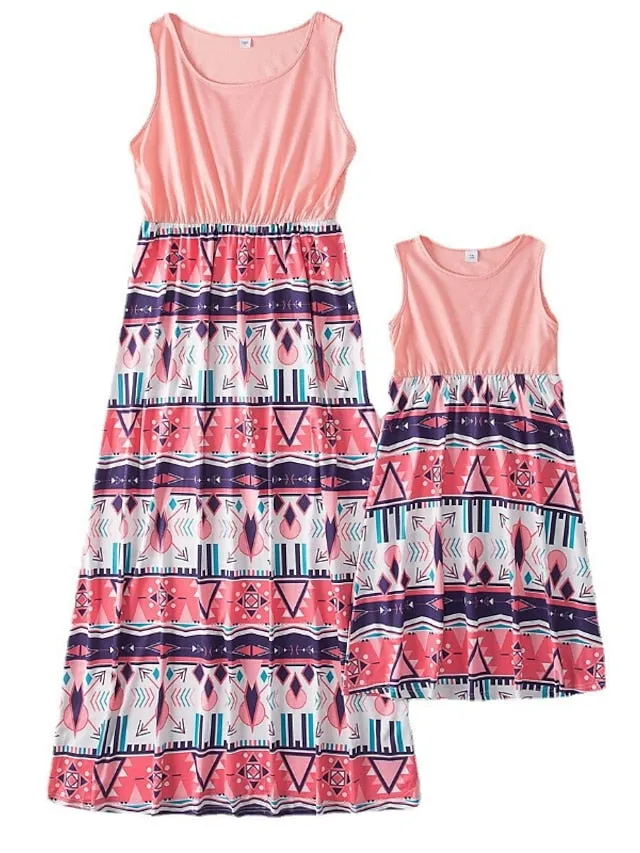 Mommy and Me Dresses Graphic Floral Color Block Street Print Black Pink Sky Blue Sleeveless Maxi Mommy And Me Outfits Active Matching Outfits
