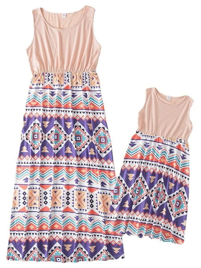 Mommy and Me Dresses Graphic Floral Color Block Street Print Black Pink Sky Blue Sleeveless Maxi Mommy And Me Outfits Active Matching Outfits