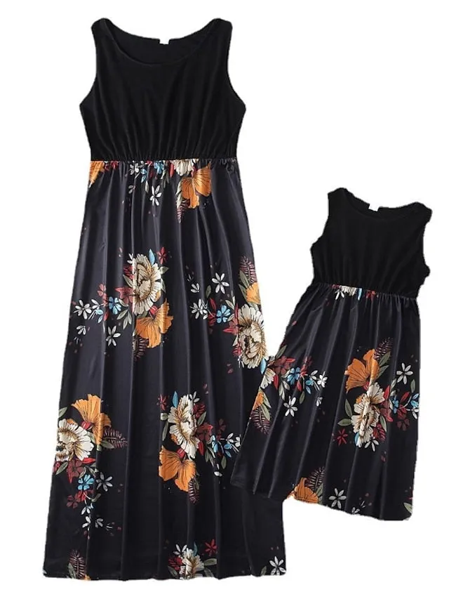 Mommy and Me Dresses Graphic Floral Color Block Street Print Black Pink Sky Blue Sleeveless Maxi Mommy And Me Outfits Active Matching Outfits