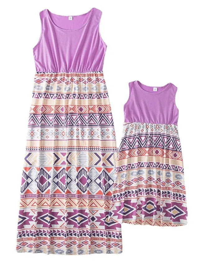 Mommy and Me Dresses Graphic Floral Color Block Street Print Black Pink Sky Blue Sleeveless Maxi Mommy And Me Outfits Active Matching Outfits