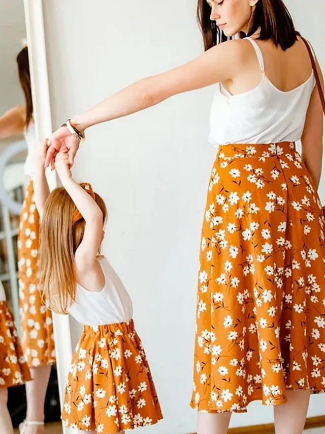 Mommy and Me Dresses Graphic Floral Street Print White Yellow Green Sleeveless Midi Mommy And Me Outfits Active Matching Outfits