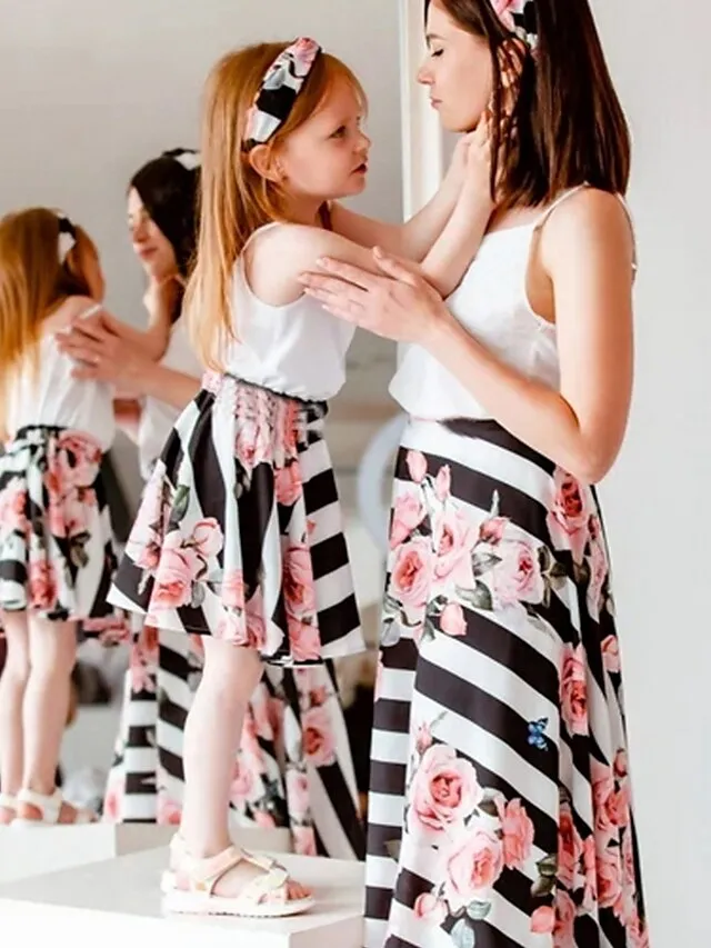 Mommy and Me Dresses Graphic Floral Street Print White Yellow Green Sleeveless Midi Mommy And Me Outfits Active Matching Outfits