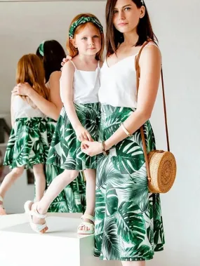 Mommy and Me Dresses Graphic Floral Street Print White Yellow Green Sleeveless Midi Mommy And Me Outfits Active Matching Outfits