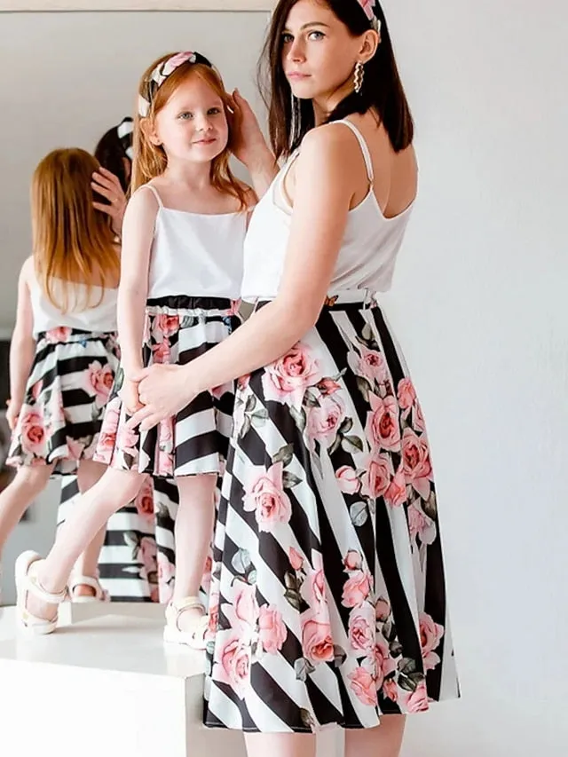 Mommy and Me Dresses Graphic Floral Street Print White Yellow Green Sleeveless Midi Mommy And Me Outfits Active Matching Outfits