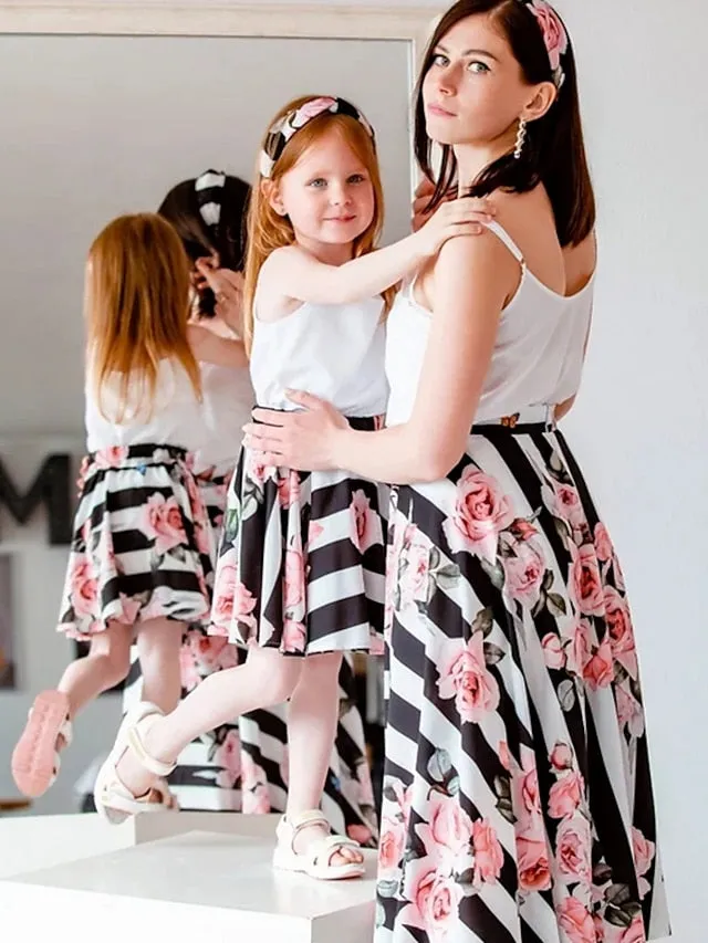 Mommy and Me Dresses Graphic Floral Street Print White Yellow Green Sleeveless Midi Mommy And Me Outfits Active Matching Outfits