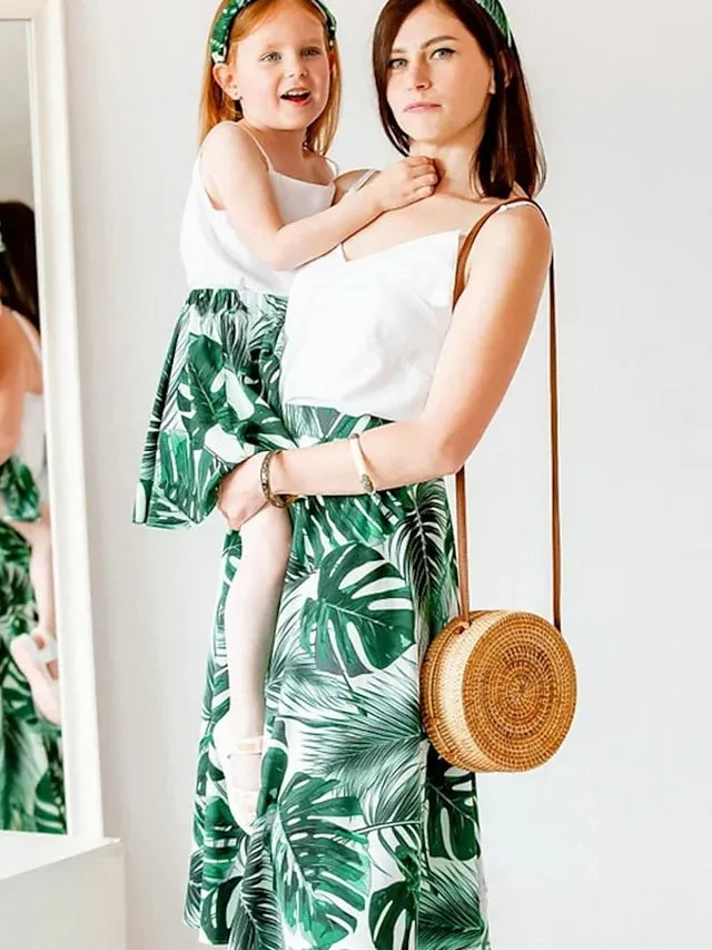 Mommy and Me Dresses Graphic Floral Street Print White Yellow Green Sleeveless Midi Mommy And Me Outfits Active Matching Outfits