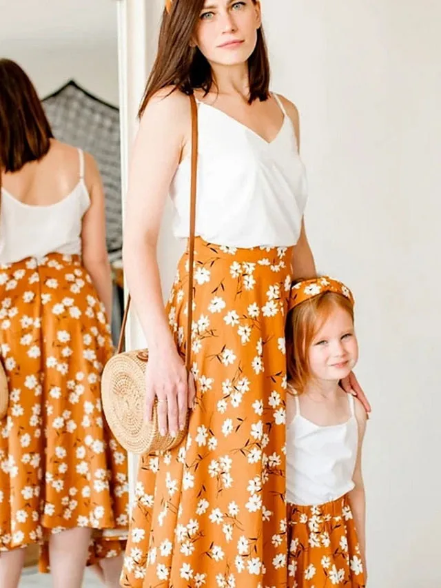 Mommy and Me Dresses Graphic Floral Street Print White Yellow Green Sleeveless Midi Mommy And Me Outfits Active Matching Outfits
