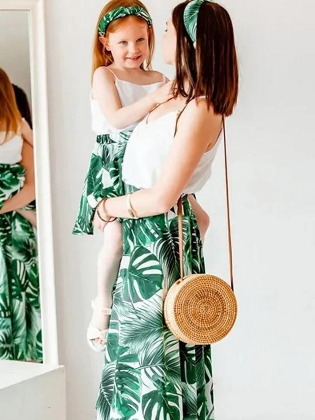 Mommy and Me Dresses Graphic Floral Street Print White Yellow Green Sleeveless Midi Mommy And Me Outfits Active Matching Outfits