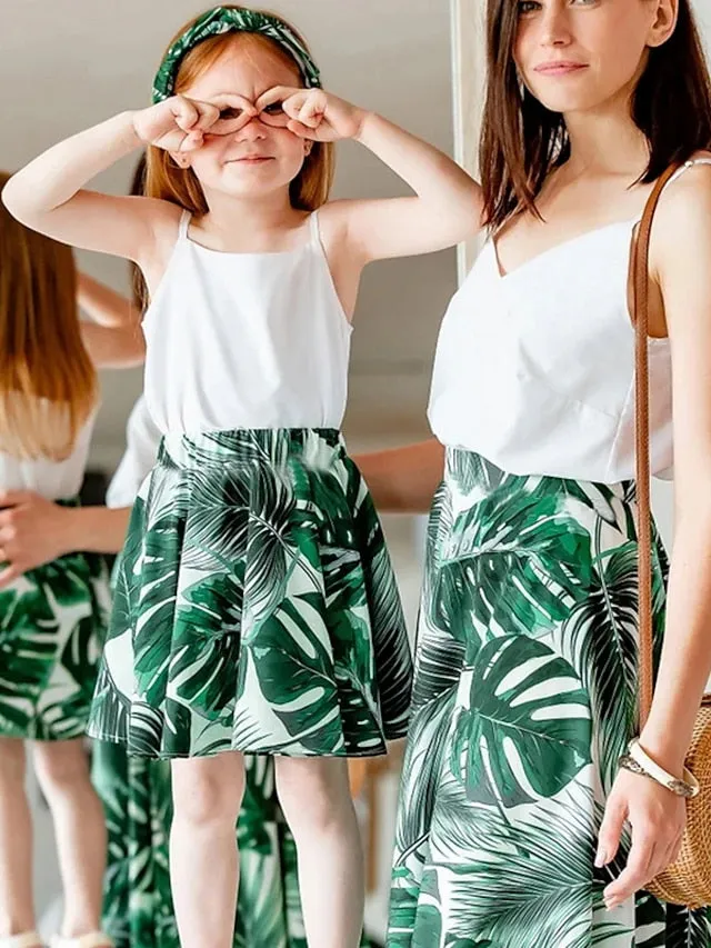 Mommy and Me Dresses Graphic Floral Street Print White Yellow Green Sleeveless Midi Mommy And Me Outfits Active Matching Outfits