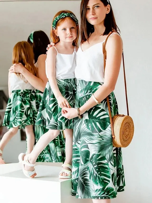 Mommy and Me Dresses Graphic Floral Street Print White Yellow Green Sleeveless Midi Mommy And Me Outfits Active Matching Outfits