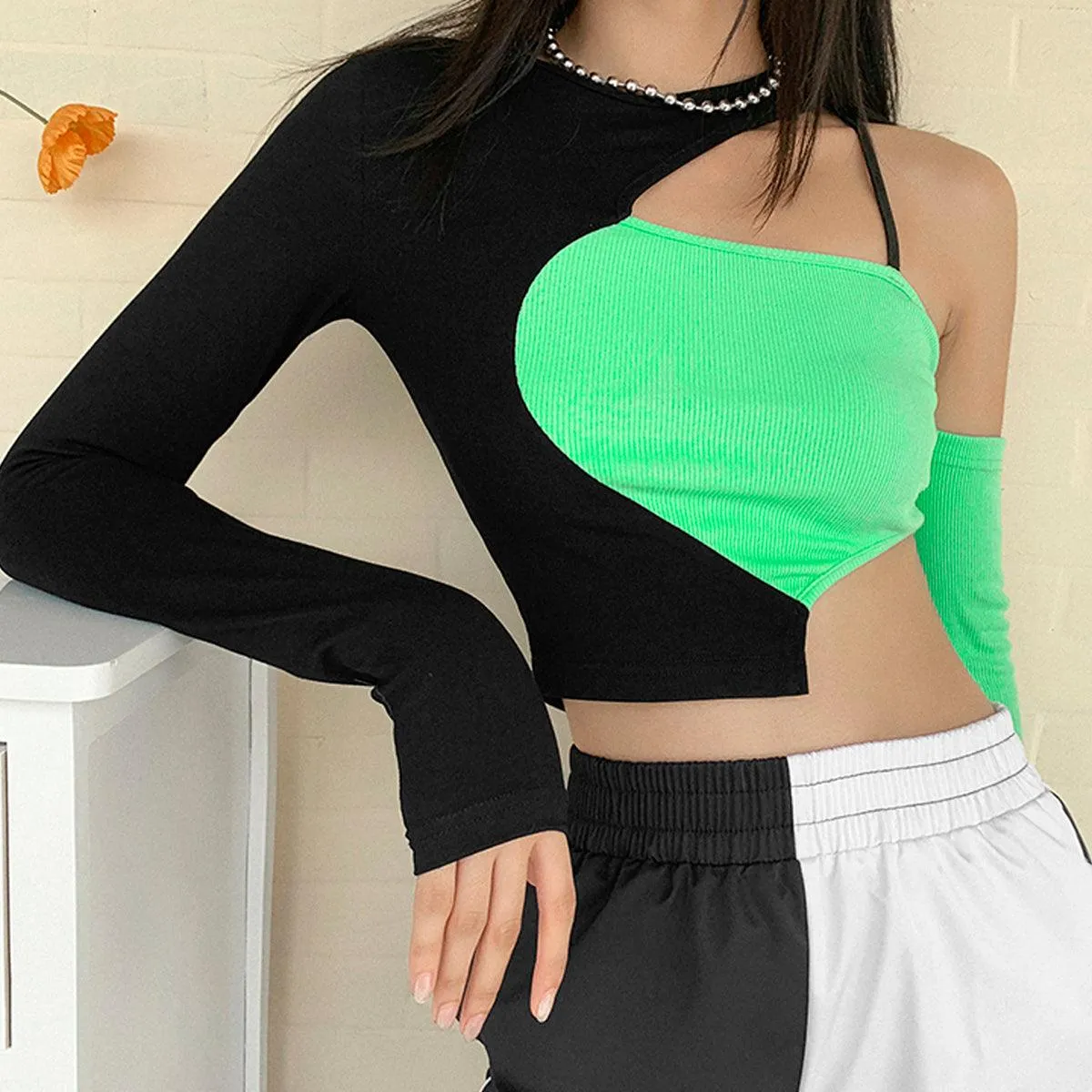 One Shoulder Asymmetric Green Top