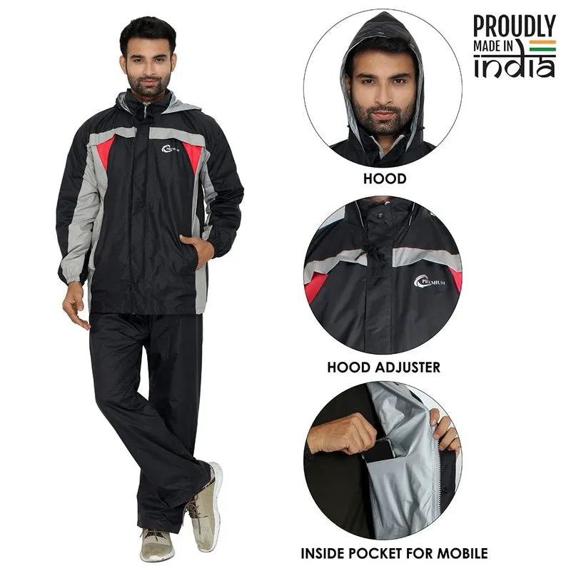 Premium Men's Waterproof Nylon Reversible Raincoat with Hood | Set of Top and Bottom | 2XL | Black