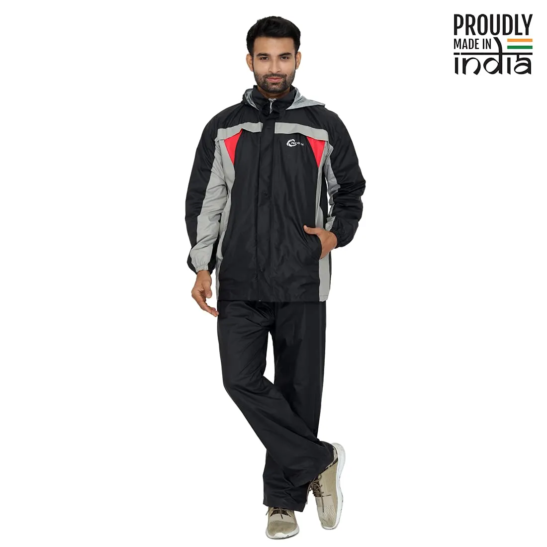 Premium Men's Waterproof Nylon Reversible Raincoat with Hood | Set of Top and Bottom | 2XL | Black