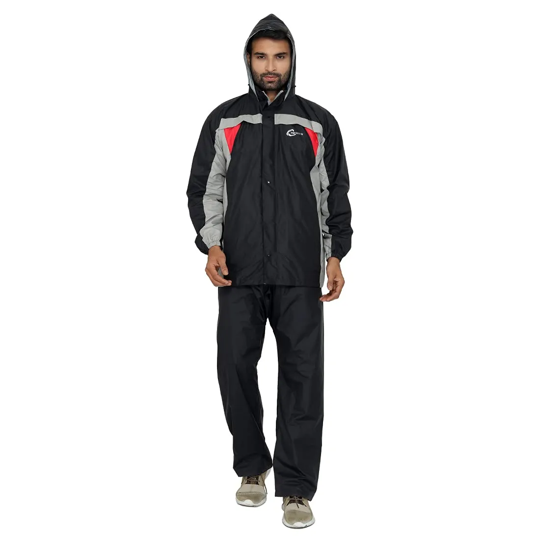 Premium Men's Waterproof Nylon Reversible Raincoat with Hood | Set of Top and Bottom | 2XL | Black