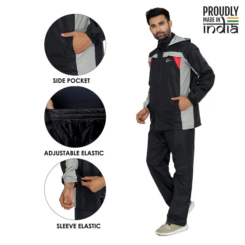 Premium Men's Waterproof Nylon Reversible Raincoat with Hood | Set of Top and Bottom | 2XL | Black