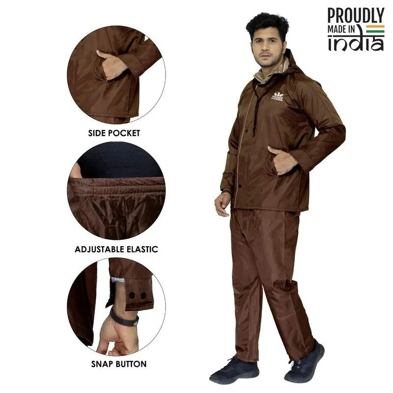 Rain Coat for Men - Waterproof, Reflective Stripes | Set of Top and Bottom | XX-Large | Prime Brown