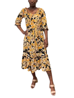 Ruffled Printed Dress with elastic waist and self belt in black and golden yellow scroll print print