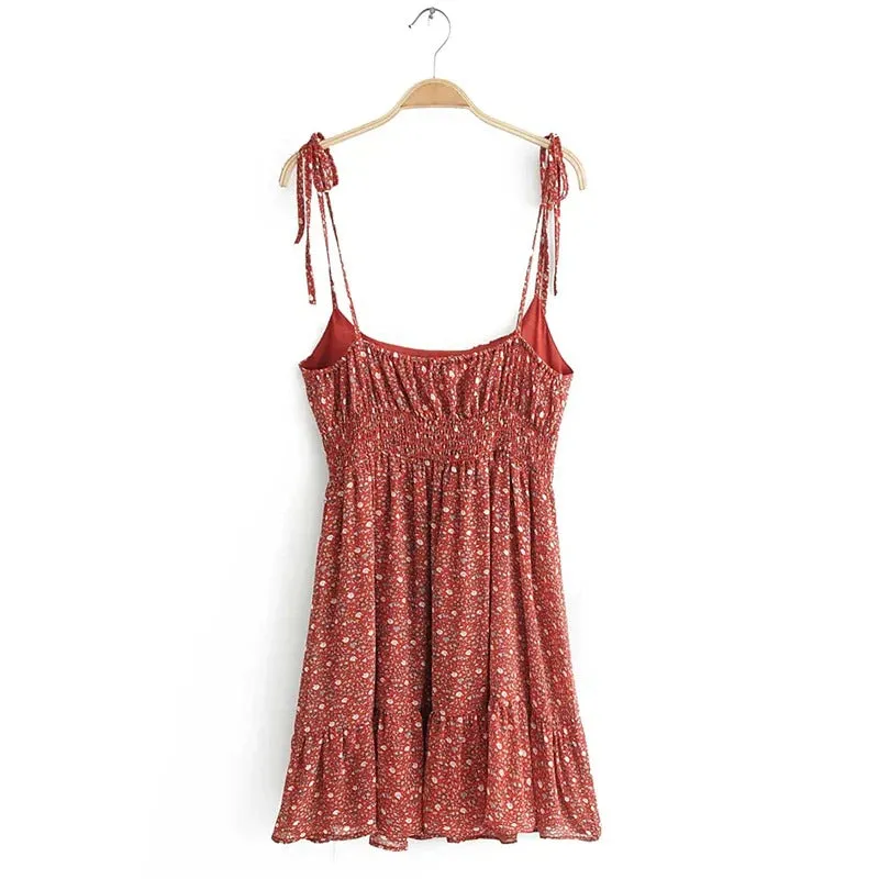 Sexy Spaghetti Strap Bohemian Floral Elastic Mini Dress