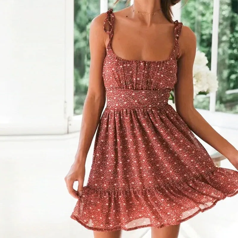 Sexy Spaghetti Strap Bohemian Floral Elastic Mini Dress