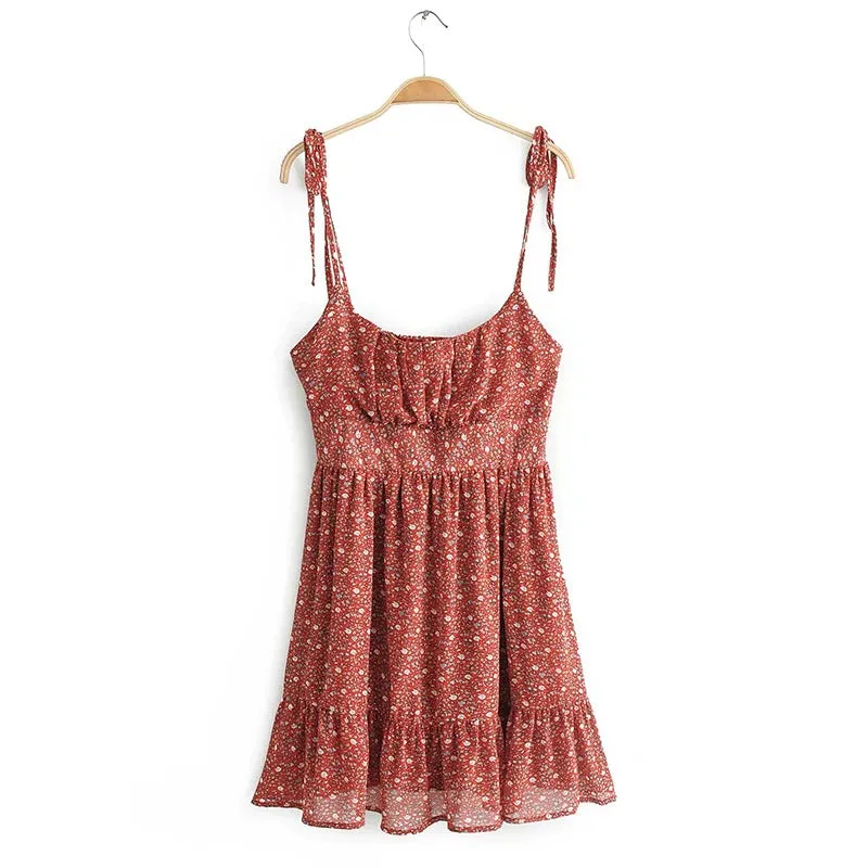 Sexy Spaghetti Strap Bohemian Floral Elastic Mini Dress