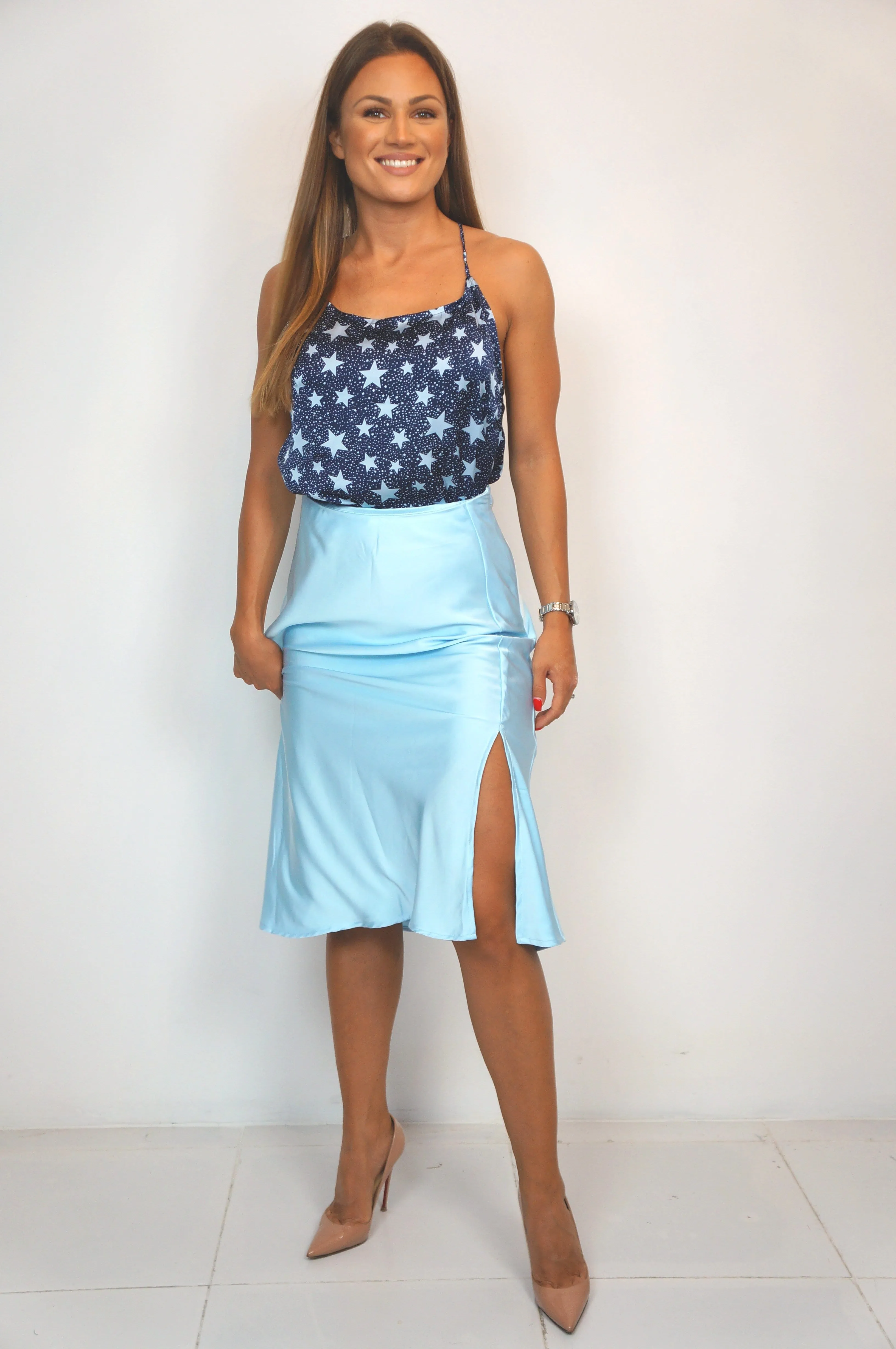 The Stephanie Skirt - Ice Blue Satin