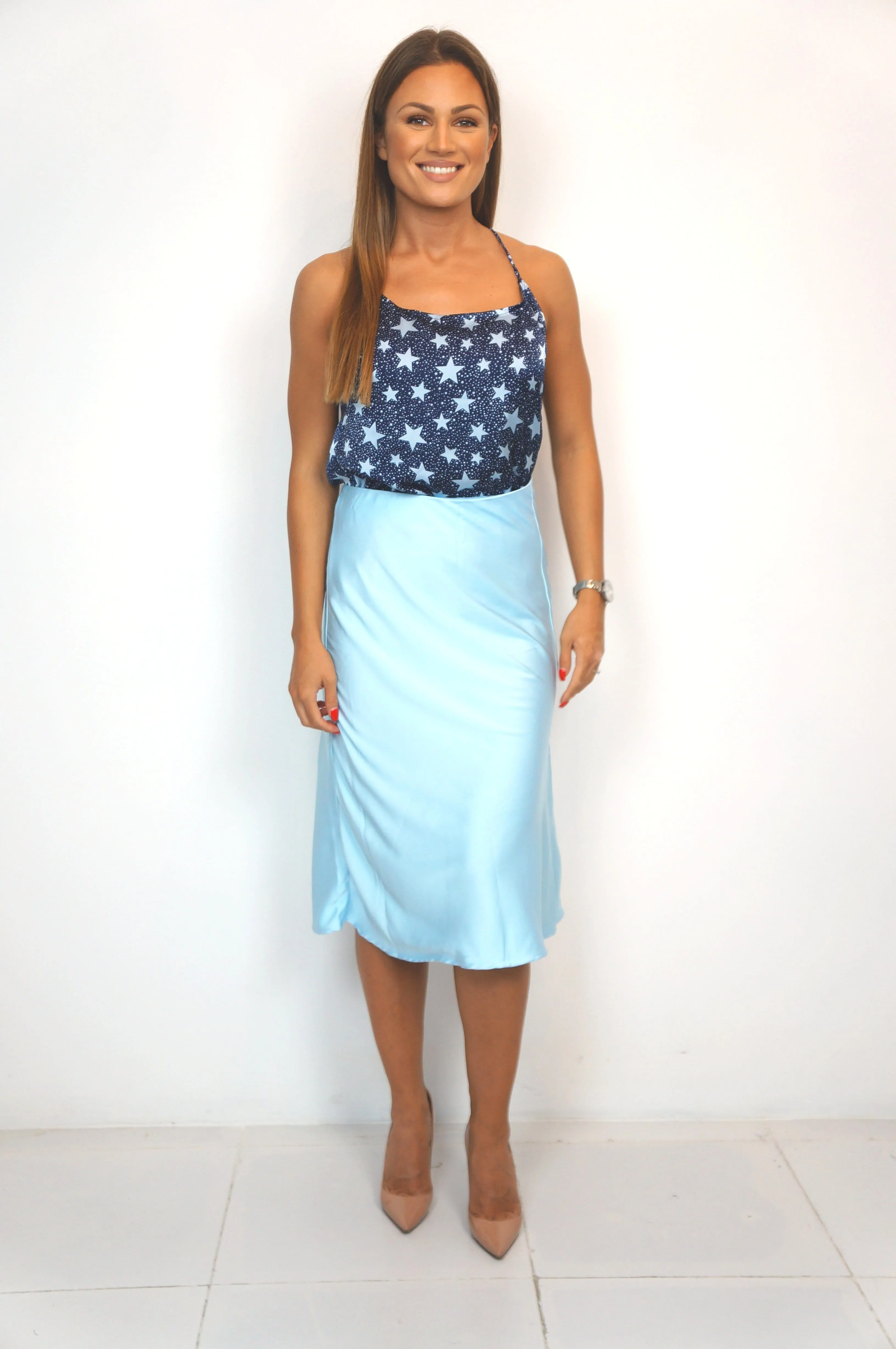 The Stephanie Skirt - Ice Blue Satin