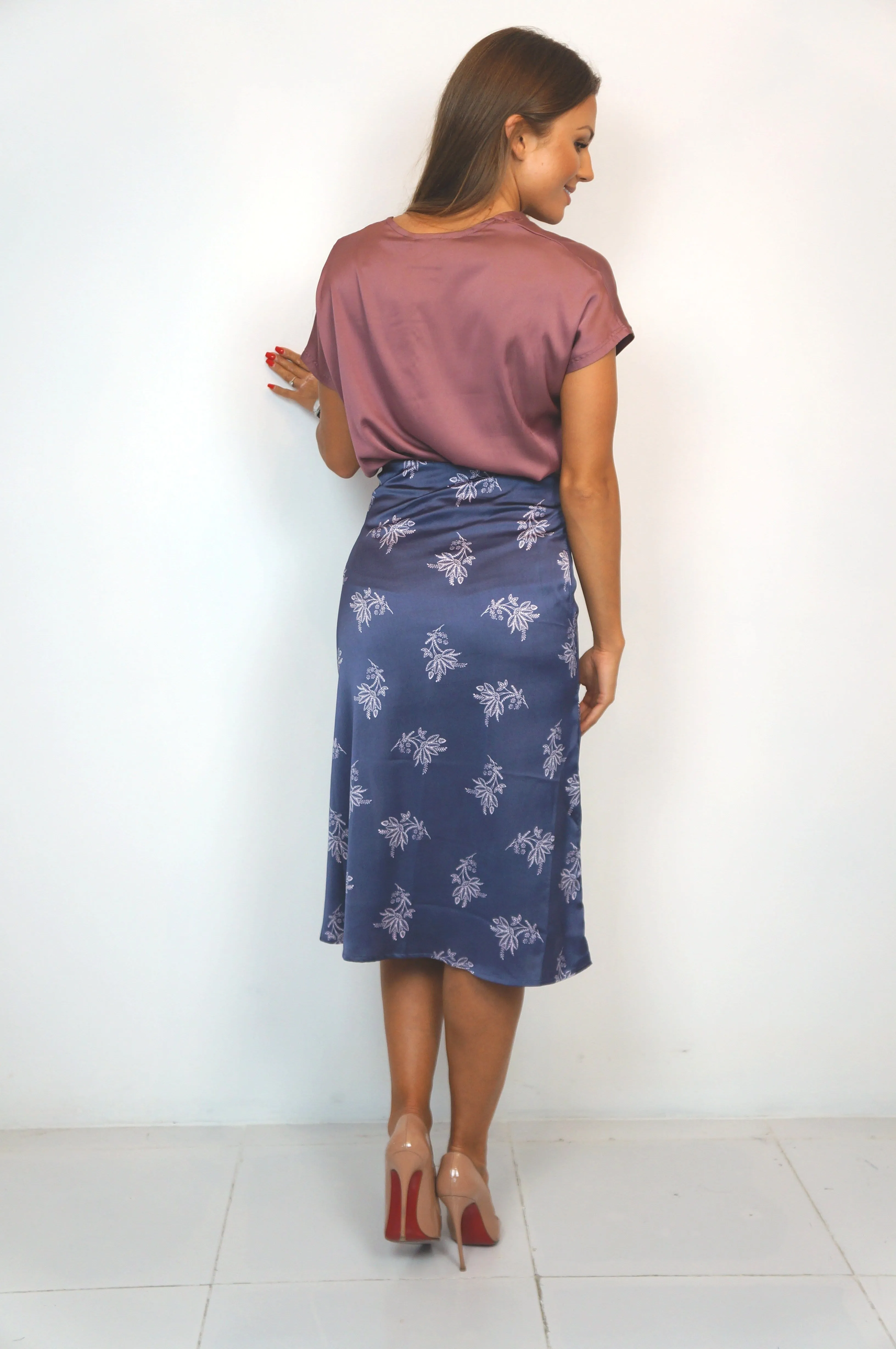 The Stephanie Skirt - Pink Indigo Satin