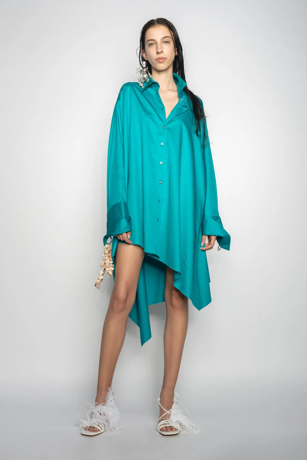 TURQUOISE ASYMMETRIC OVERSIZE SHIRT DRESS