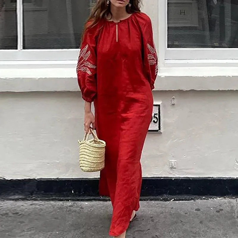 UAKISS  -  Autumn Pattern Printed Cotton Linen Dress Women's Casual O Neck Loose Bohemian Dress Elegant Lantern Sleeve Pocket Holiday Dress